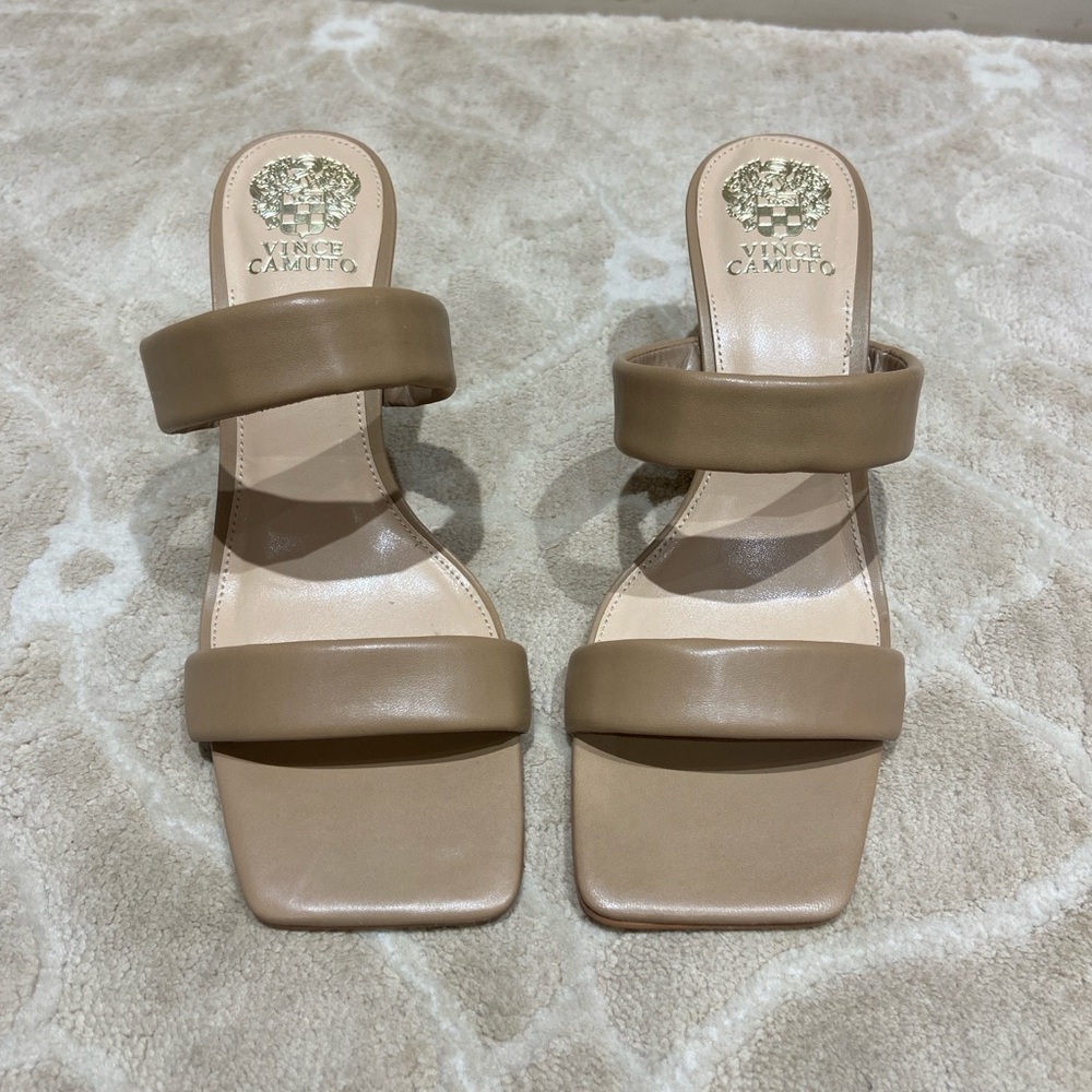 Vince Camuto Beige Tan Nude Double Strap Mules Heeled Square toe Sandals